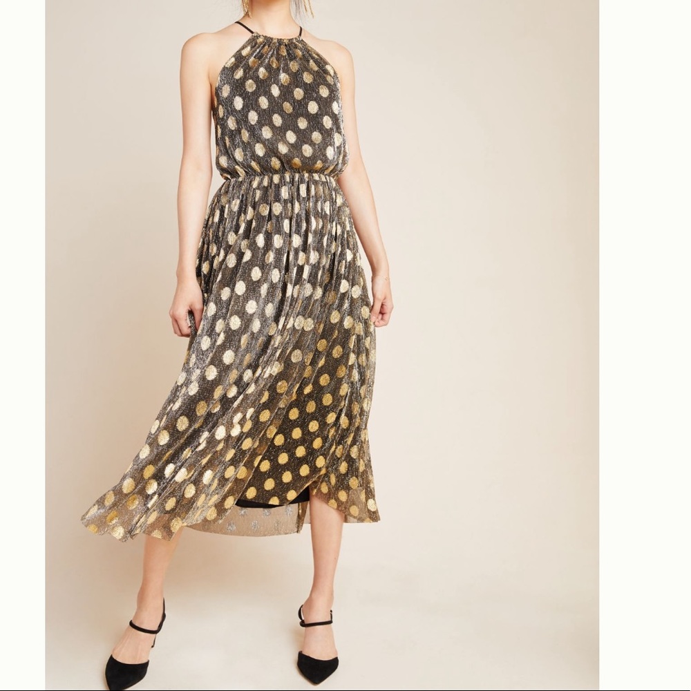 Anthropologie Confetti Halter Gold Dot Dress 2X